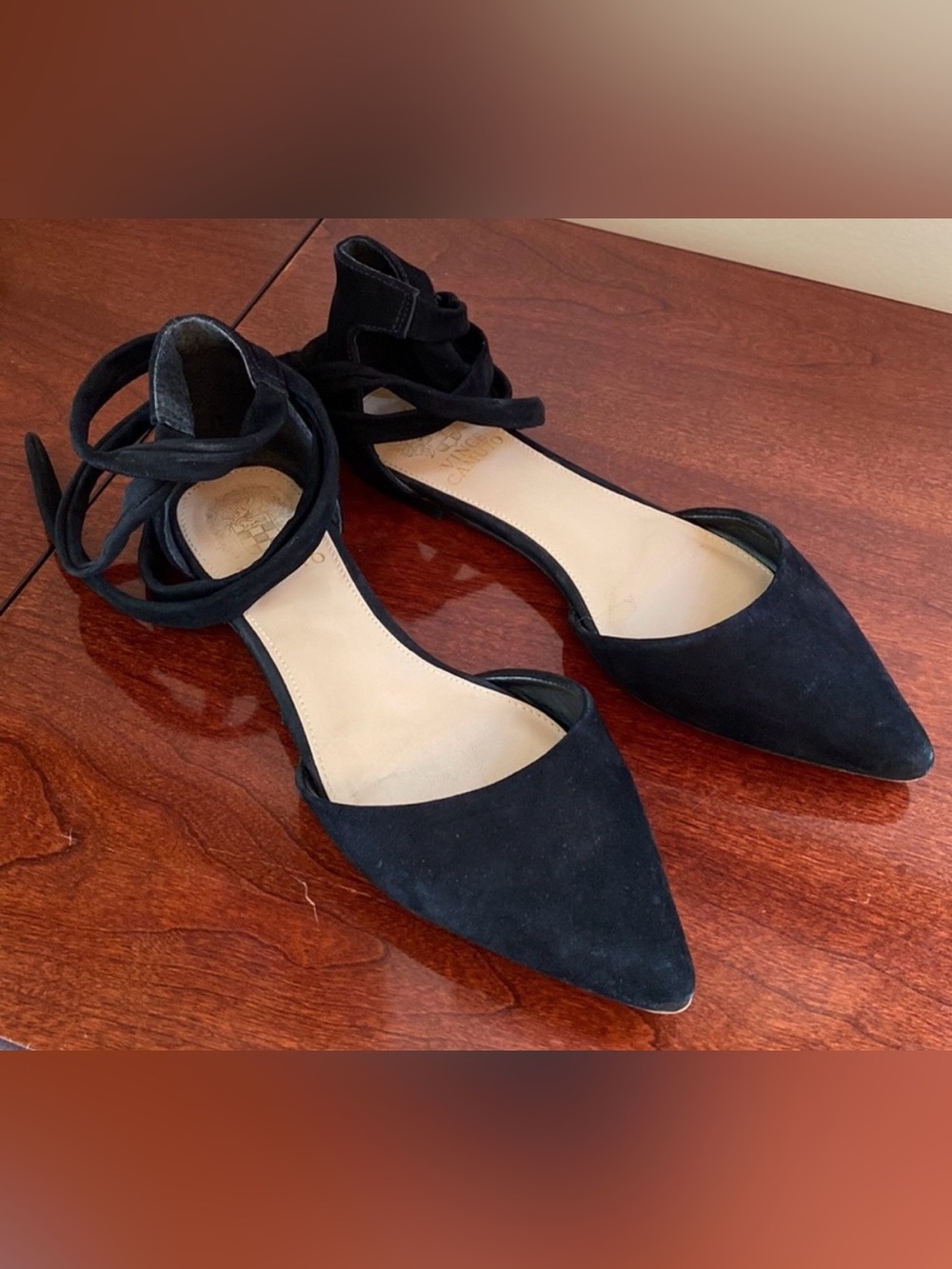 Vince Camuto Jevone Black Suede SZ 6 Balletcore Chic Strappy Tie Up Ankle Flats - Picture 4 of 11